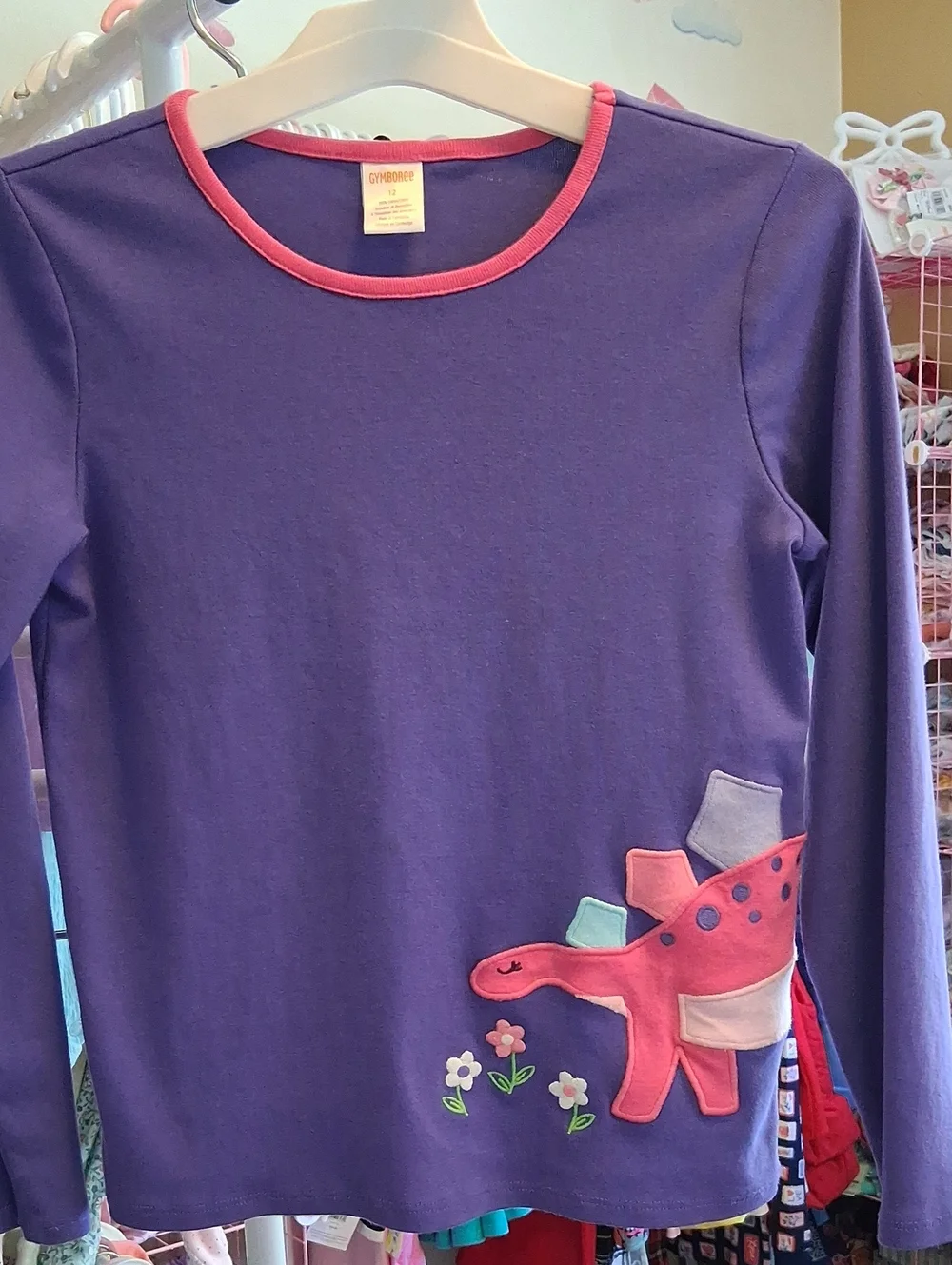Gymboree Purple Long Sleeve Top with Pink Trim & Dino Patch
